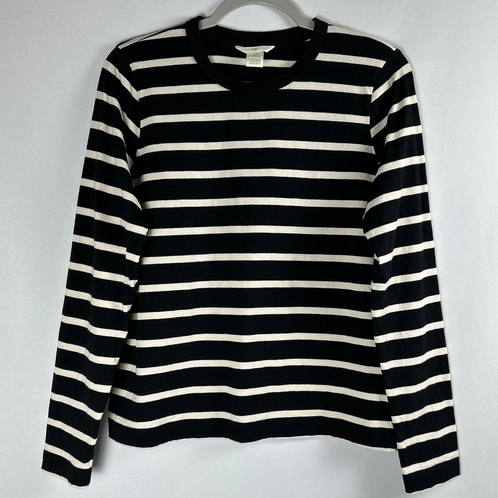 H&M Striped Top Women Size S Black Cream Long Sleeve Parisian Coastal Preppy
